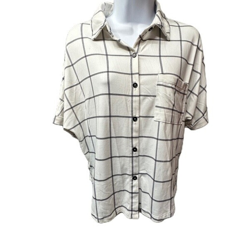 Sweet Rain Button Down Black&White Plaid Striped Size Medium Blouse Top - Picture 3 of 12